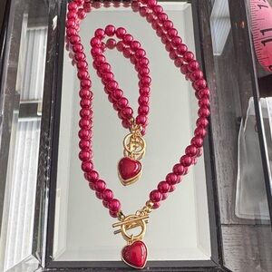 Elegant Red Beaded Heart Necklace and Bracelet Set